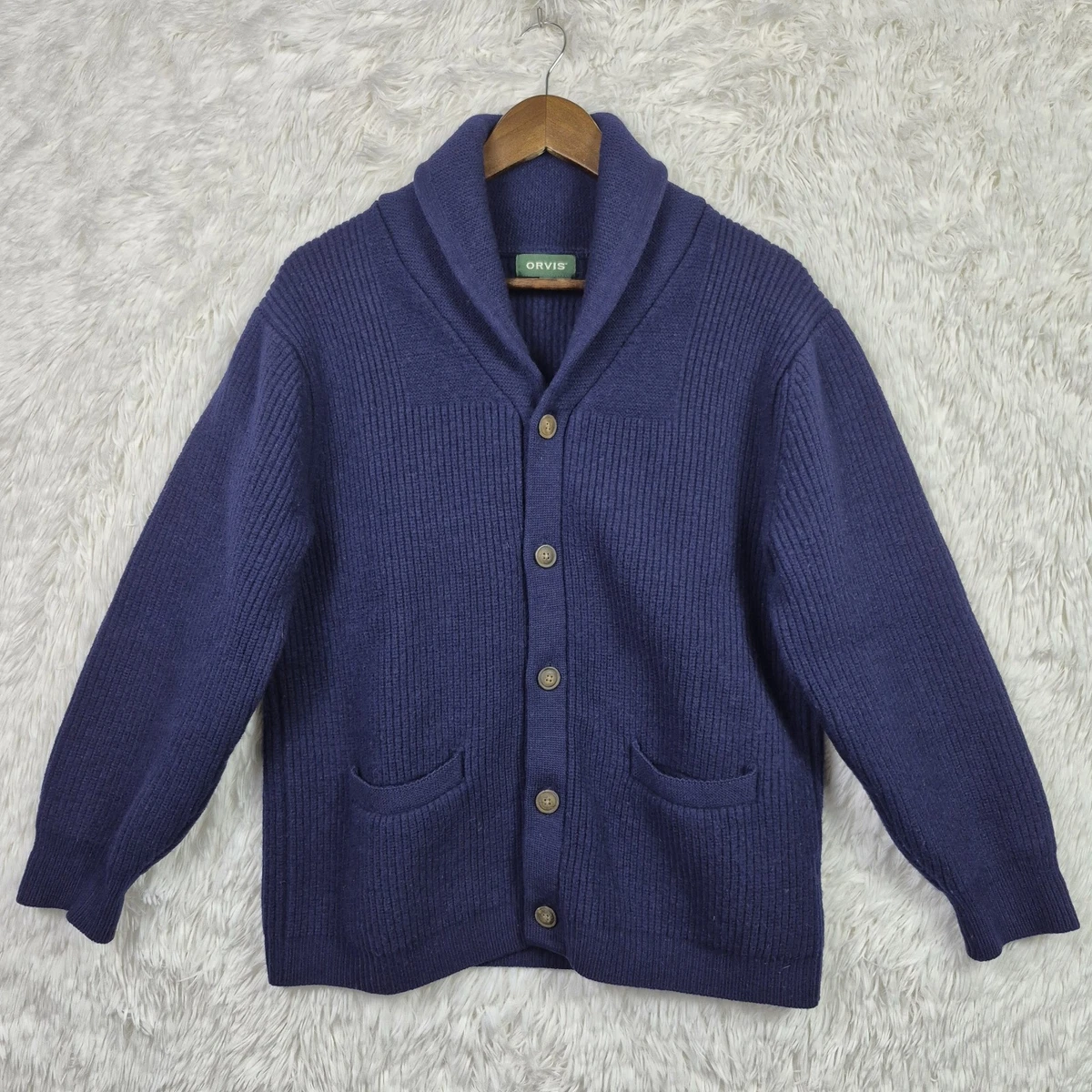 Pull Matelassé Homme Orvis – Taille XL – Bleu Marine – Vintage Années 80 – Occasion TB