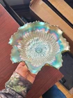 Pretty Green Northwood Carnival Glass Sunflower Pattern Bowl Meander Back