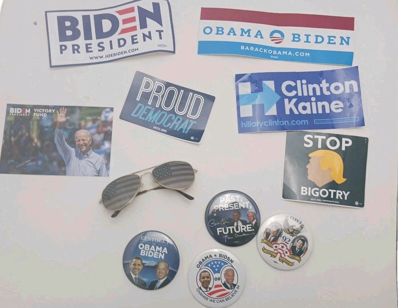 Democrat Political Memorabilia Lot Pinbacks Stickers Clinton Biden Sunglasses