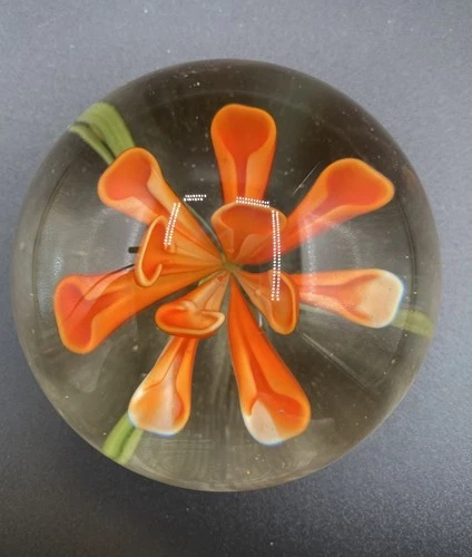 Vintage Murano Style Art Glass Paperweight w/Orange Flower 2.5 in