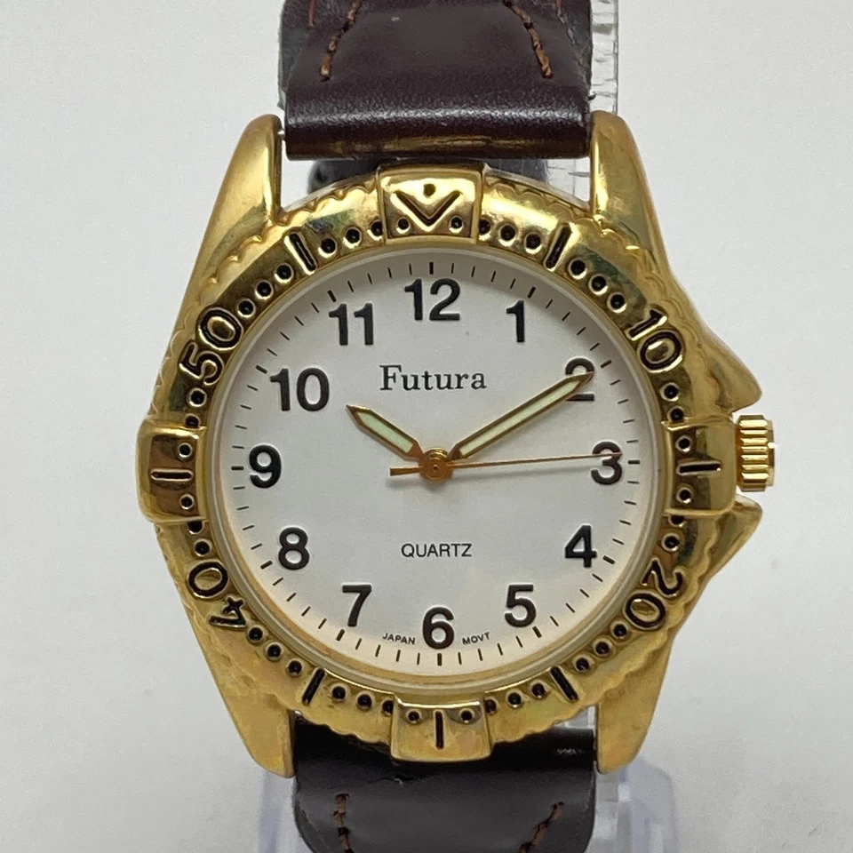 Reloj Futura Hombre 39mm Tono Dorado Marrón Trenzado Imitación Cuero Correa Nueva Batería 9" Foto 2 de 4