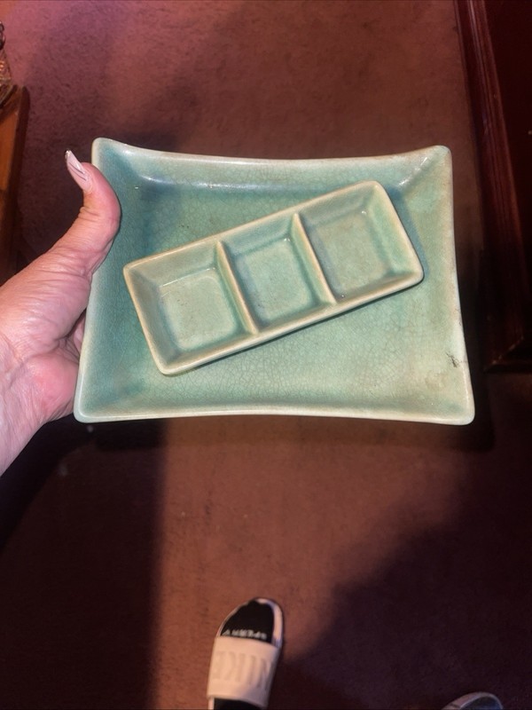 Green Ceramic Tapas Dish Set of 2 Rectangular 3-Compartment Glossy Pottery