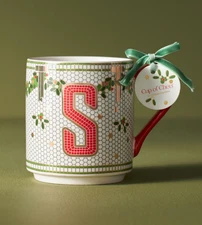 Anthropologie Festive Bistro Tile Mug S Monogram Letter Paris Cafe Christmas NEW
