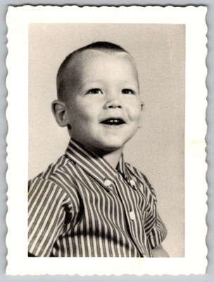 Vtg B&W Snapshot Smiling Young Boy In Striped Button Down Shirt Studio Port.