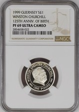 1/0 TOP POP - 1999 Guernsey Silver £1 Winston Churchill 125th Anniversary NGC PF