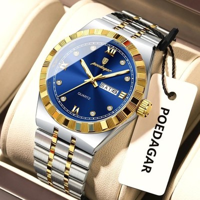 41MM POEDAGAR Quartz Luxury Wristwatch Men's Waterproof Stainless Luminous NEW