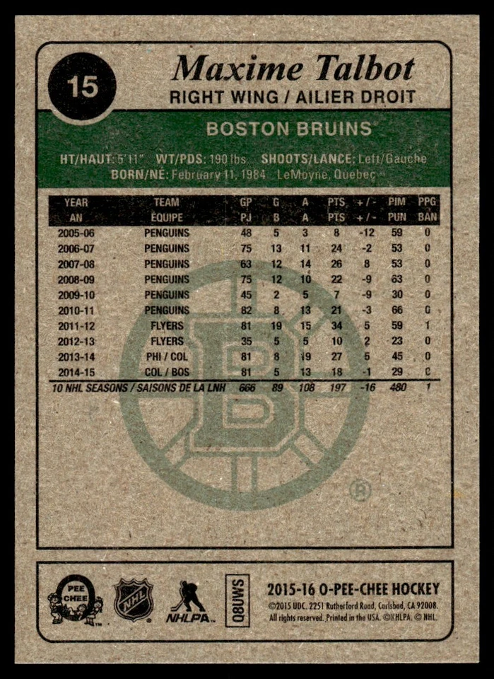 2015-16 O-Pee-Chee Retro Maxime Talbot Boston Bruins #15 - Image 2 of 2