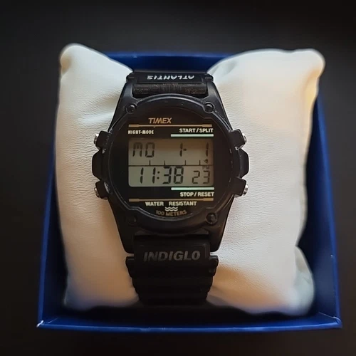 Vintage Timex Atlantis 100 Watch Men  Tone Black Indiglo New Battery 1996