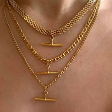18K Gold Colour  Figaro T-Bar Pendant Necklace Women/Men Waterproof Jewelry Gift