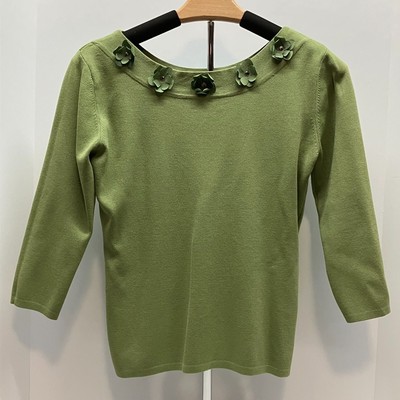 Joseph A. Womens Green 3/4 Sleeve Floral Collar Accent Sweater Size M