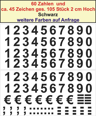 60 Zahlen +  ca. 45 Zeichen 2 cm hoch  Aaufkleber Sticker Schwarz 
