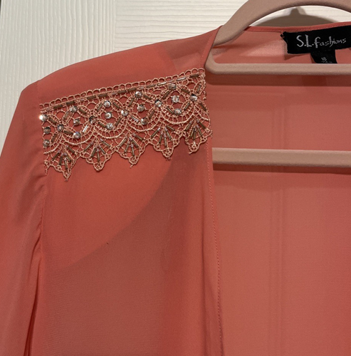 S.L. Fashions Paco Peach Draped Front Beaded  Lace Open Dressy Jacket Sz 16 NWT - Picture 3 of 12
