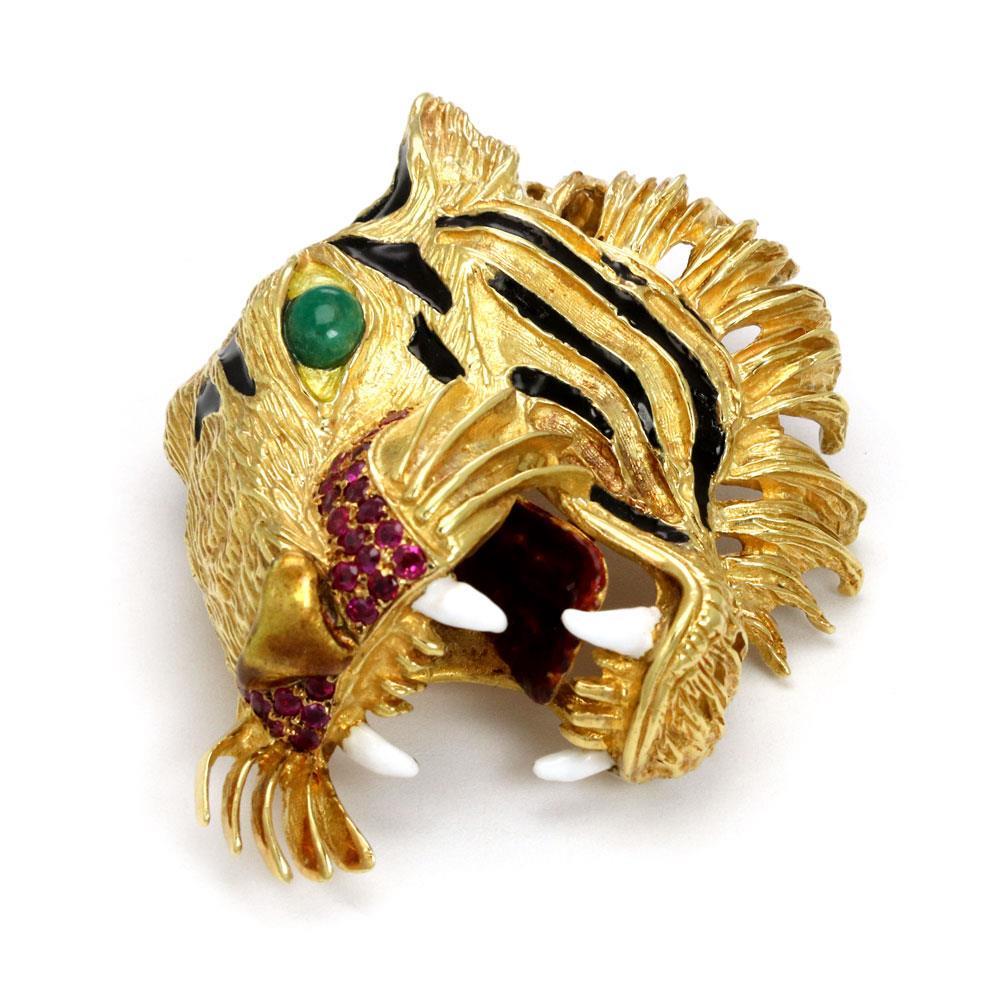 置物 Ruby Estate 1.75ct Ruby & Emerald Enamel 3D 18k Yellow Gold Tiger