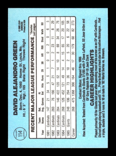 1986 Donruss #114 David Green San Francisco Giants - Bild 2 von 2