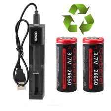 2PC 26650 Li-ion Battery 3.7V Rechargeable Battery +Smart Charger fof Flashlight