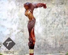 Handmade Unique Style Hand Carved Mermaid Head Walking Stick Wooden Cane Gift