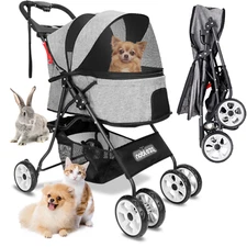 Pet Stroller, 4 Wheels Folding Dog Stroller with Cup Holder Universal Wheel Cat 