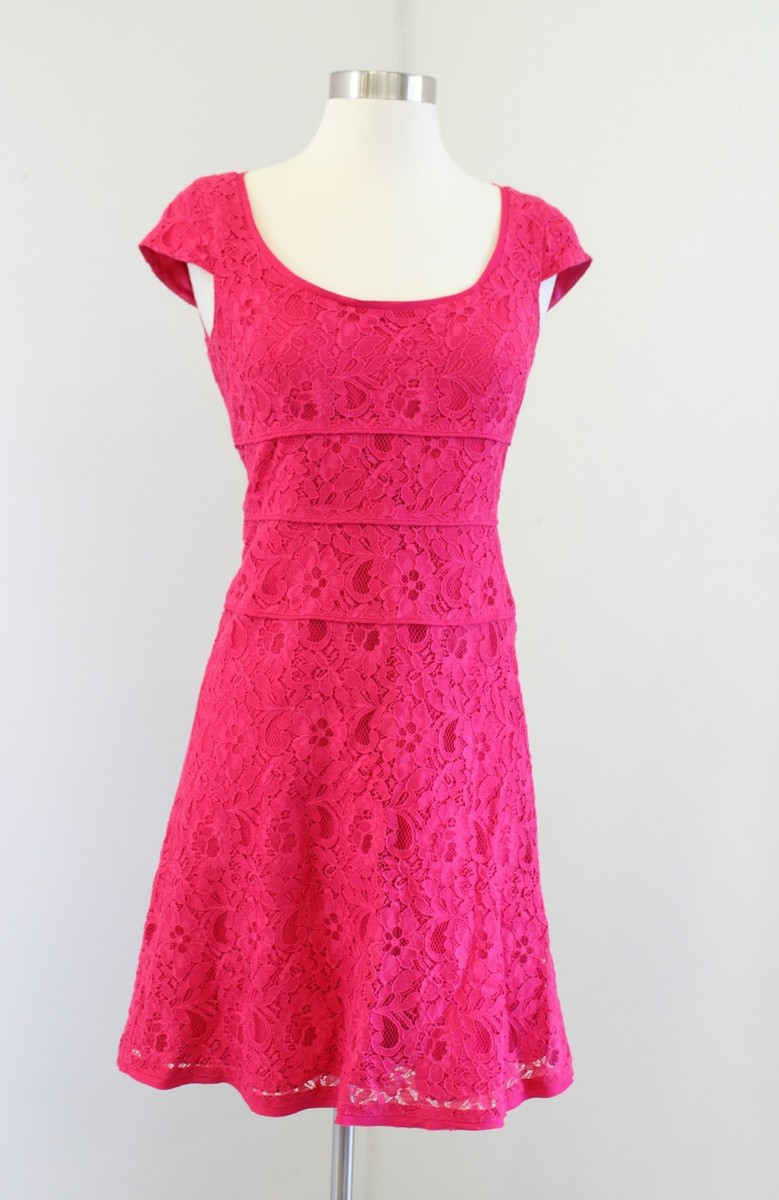 Ann Taylor Hot Pink A Line Lace Scoop Neck Cap Sleeve Dress Size 0 Cocktail  | eBay