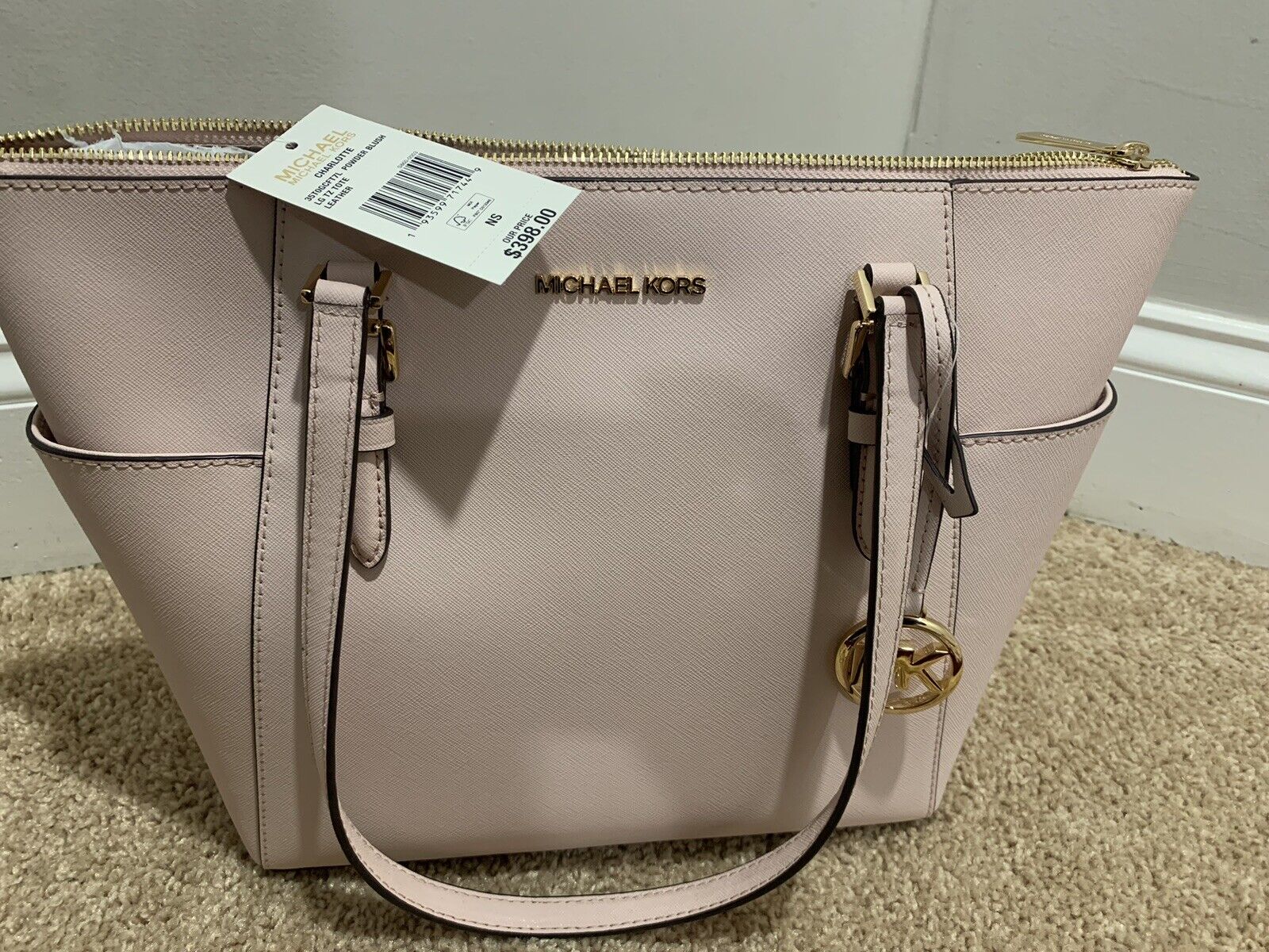 Michael Kors Charlotte Large Top Zip Saffiano Leather Tote - Powder Blush