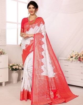 Embroidered, Self Design, Woven Kanjivaram Art Silk, Jacquard Saree  (White)