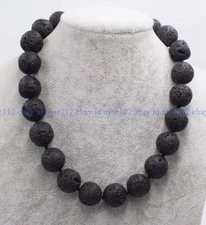 14mm Natural Black Volcanic Lava Round Gemstone Beads Necklace 16-36" AAA+