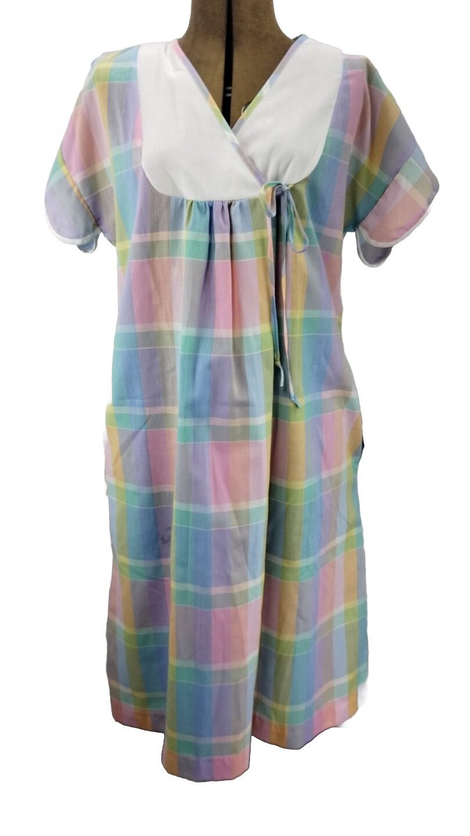 Vintage Plaid Pink Green Yellow House Dress Zipper, M/L? Short Sleeve  Handmade | eBay