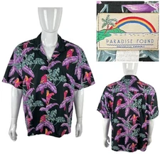 Paradise Found Mens XL Magnum PI Parrot Hawaiian Shirt Made USA Black Vintage
