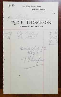 1925 F. Thompson, Family Butcher, 28 Hilderthorpe Road, Bridlington Rechnung