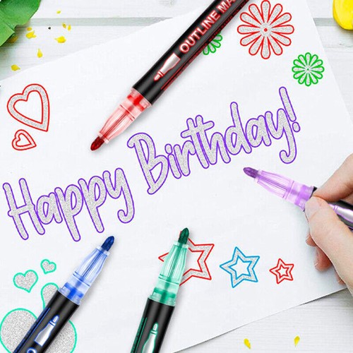 UK 12 Colors Drawing Double Line Outline Pen Highlighter Marker Pen For School - Picture 10 of 11