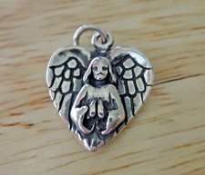 Sterling Silver 18x14mm Angel Heart Wings on front  back Charm
