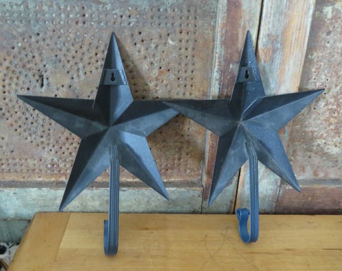 Set of 2 Tin Metal Country Primitive style Barn Stars w Hooks Federal Blue Color - Picture 4 of 4