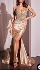 Juliet Gold Glitter Embellished Evening Gown with Plunging Bodice Champagne Sz 6