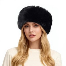 Faux Fur Headband for Women Winter Fur Hat with Stretch Ear Warmer Earmuff Black