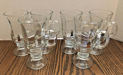 Set of 6 Libbey Footed Clear Glass Irish Coffee Mugs With Nativity Charms Heavy