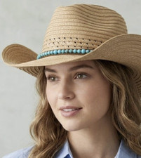 Woven Boho Straw Cowboy Hat Turquoise Beaded Band Western Rodeo Gypsy Festival