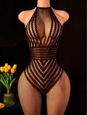 Sexy High-Stretch Bodysuit Exotic Tie-Back Halter-Neck Lingerie with Open Crotch