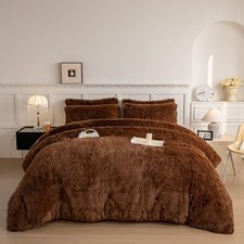 Faux Fur Plush Comforter Sets Queen - Ultra Soft Shaggy Full/Queen Coffee