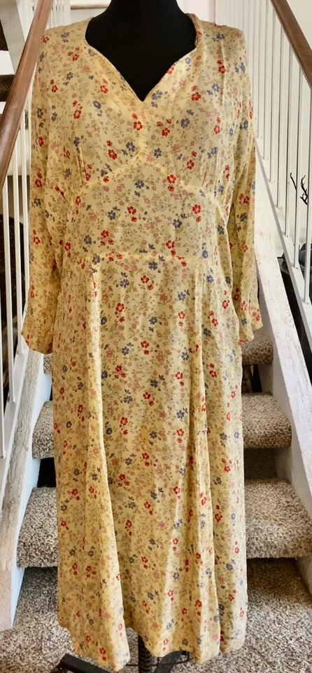 Эдвардианское Платье 30-х Желтое Микро Цветочный Косой Вырез Креп Вискоза Эпоха Депрессии L - Изображение 2 из 4