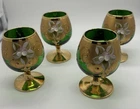 VTG Murano Venetian Italy Green Gold Floral Cognac Brandy Snifters Set Painted