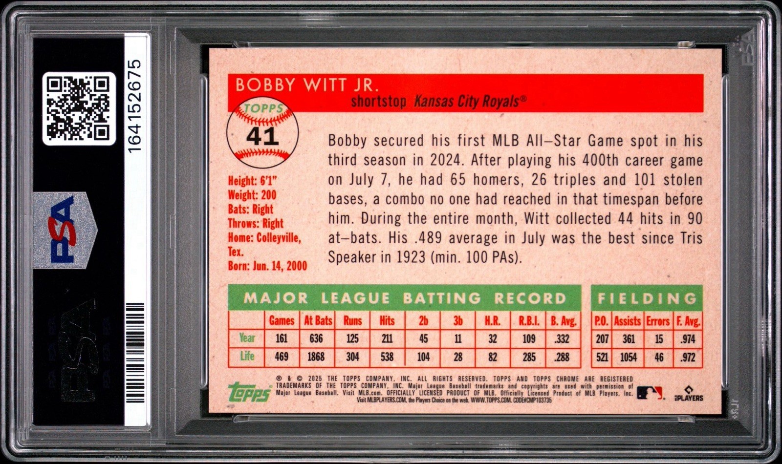 2025 PLATINUM ANV #41 BOBBY WITT JR /50 GOLD VIBRATIONS REFRACTOR POP 1 PSA 8 view 3