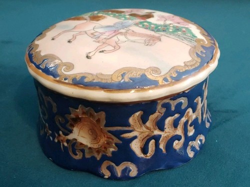 Vintage Man On Horse Equestrian Porcelain Hand Painted Lid Trinket Powder Jar - Picture 2 of 12