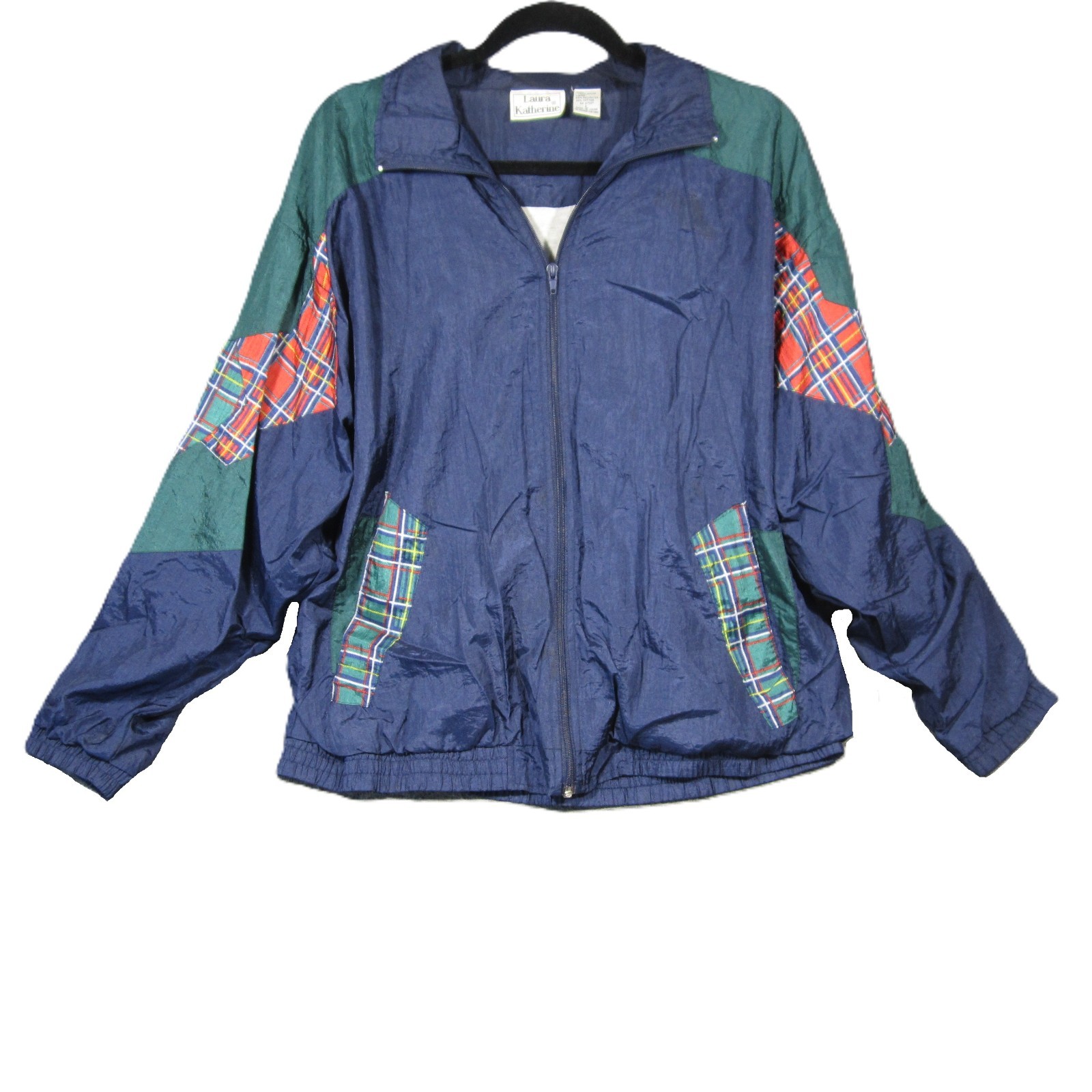 Vintage Nautical Windbreaker Jacket L Navy Green Plaid Colorblock 80s 90s Preppy