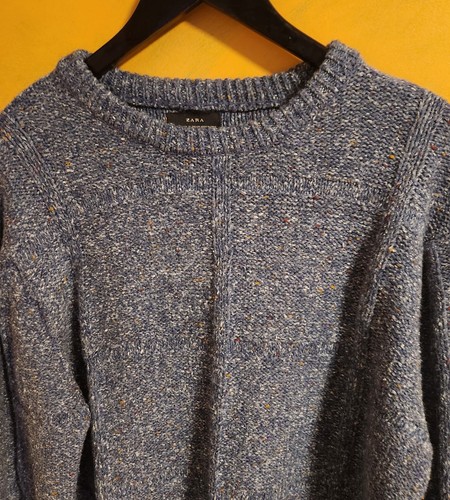 Zara Mens XL Cable Knit Cotton Wool Blend Sweater Lught Blue Fair Isle Pullover - Picture 2 of 12