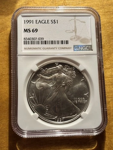 1991 $1 AMERICAN SILVER EAGLE - MS69 - NGC BROWN LABEL