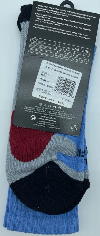 Nike Air Jordan Game Day Crew Calcetín Dri-fit Carolina Azul/Rojo/Gris, 12-15 XL NUEVO CON ETIQUETAS Foto 2 de 2