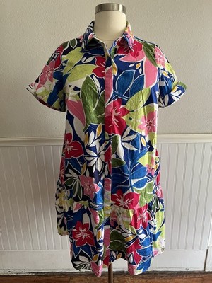 Donna Morgan Collared Button Up Shirt Dress Tiered Pockets Floral Colorful 16W