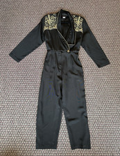 Vintage 80s New Wave Structured Jumpsuit Black Gold Embroidered S