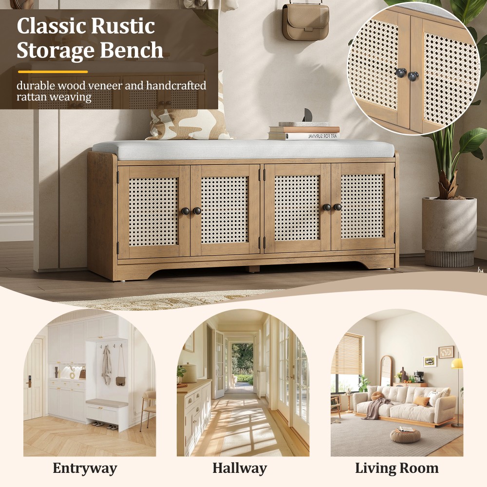 Storage Bench with Cushion Features Woven Rattan Door Panel Adjustable Shelves