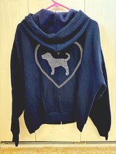 Victoria  s Secret PINK Ivy Fleece Full Zip Hoodie Noir Navy Pink Shine Puppy NWT