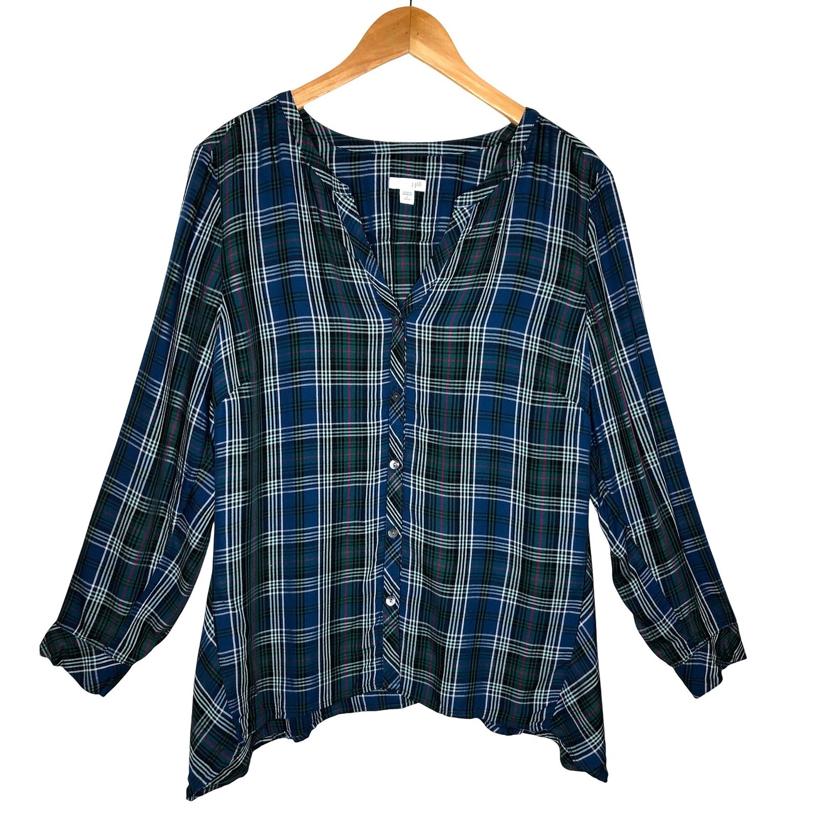 J.Jill Petite Plaid Long Sleeve V-Neck Button Front Tunic Top Large Casual Fall